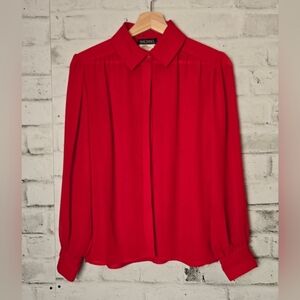 Vintage Rachael Red Button Front Blouse Long Sleeve 80s Minimalist Size 12